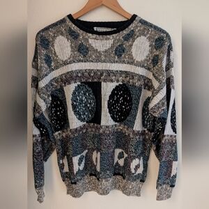 Vintage 80s 90s Abstract Geometric Crewneck Sweater In Teal/Gray & White